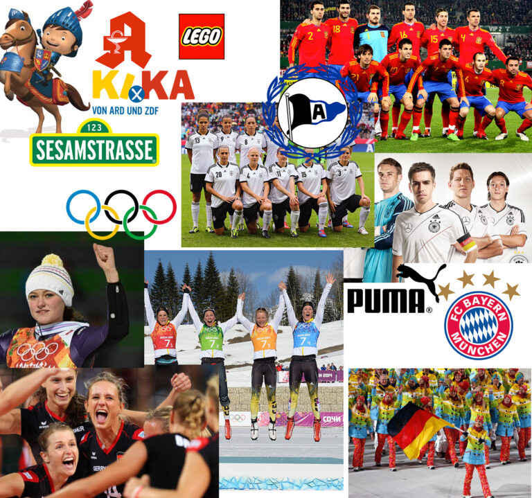 Collage aus Kindern bekannten Bildmarken und Logos aus der Medienwelt und dem Sport, Mannschaftsbildern von Bekannten Sportvereinen, Sportlerinnen, die ihren Erfolg feiern, Olympia, Logos